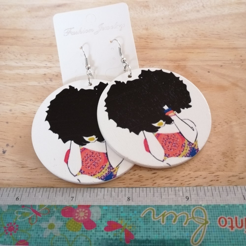 African Women Painted Wood Round Earrings
